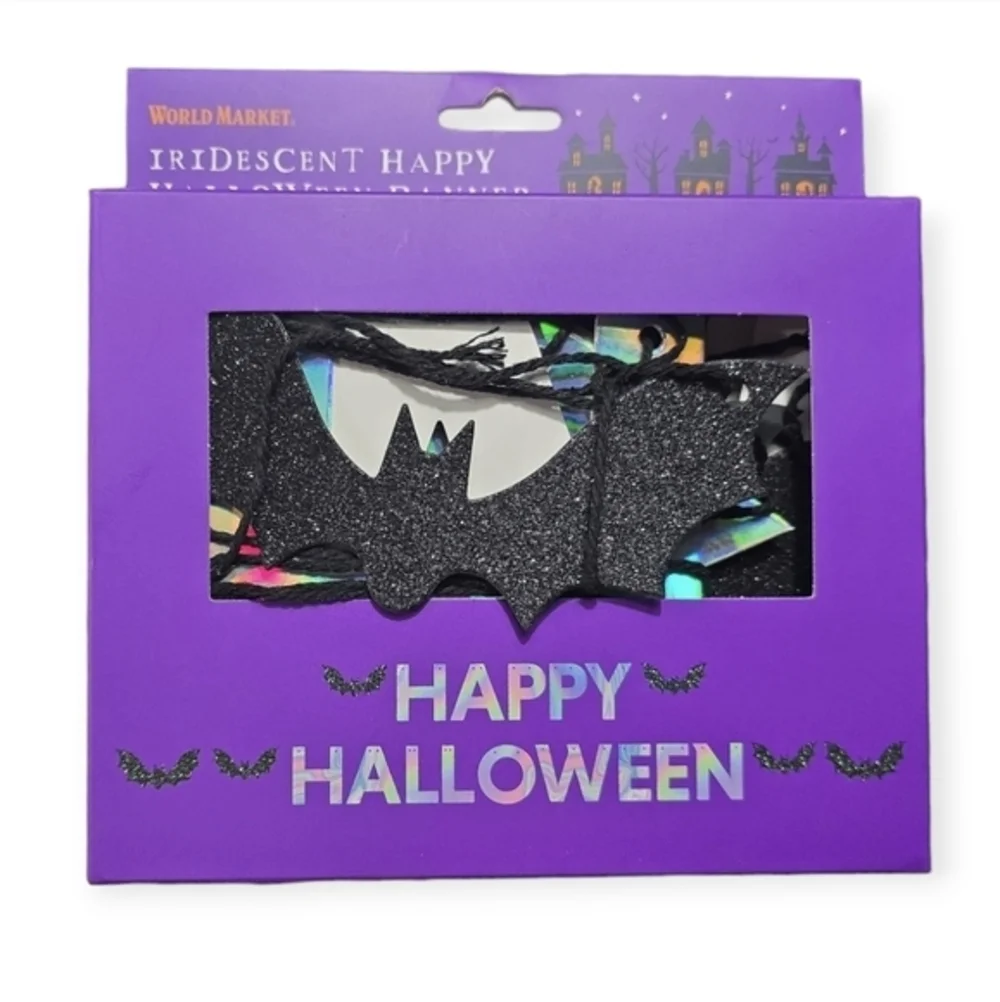 World Market Halloween Banner Iridescent‎ Happy Halloween Glitter Bats Black OS